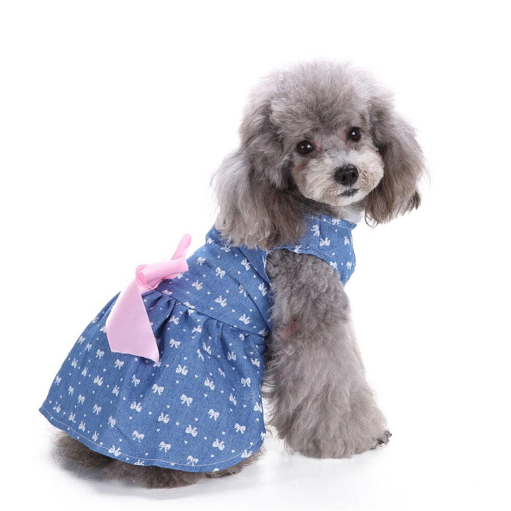 4 størrelser polyester jeans kæledyr prinsesse kjole til sommer og forår søde hundehundetøj med moderigtigt bue 1 stk
