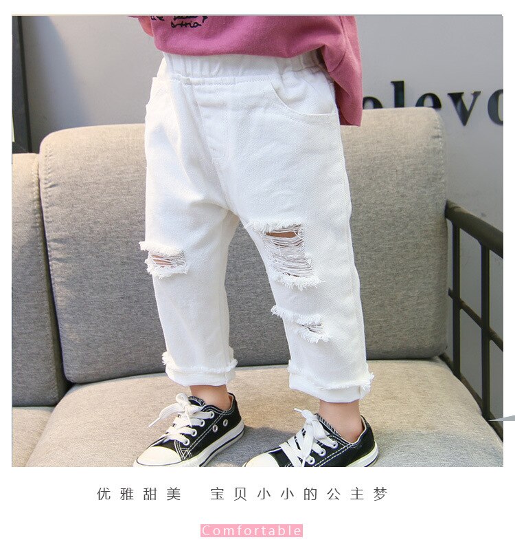 Frühling Herbst Baby Mädchen Zerrissene Jeans freundlicher freundlicher Gebrochen See Hosen Weiß Farbe Mädchen Elastische Taille Denim Hosen