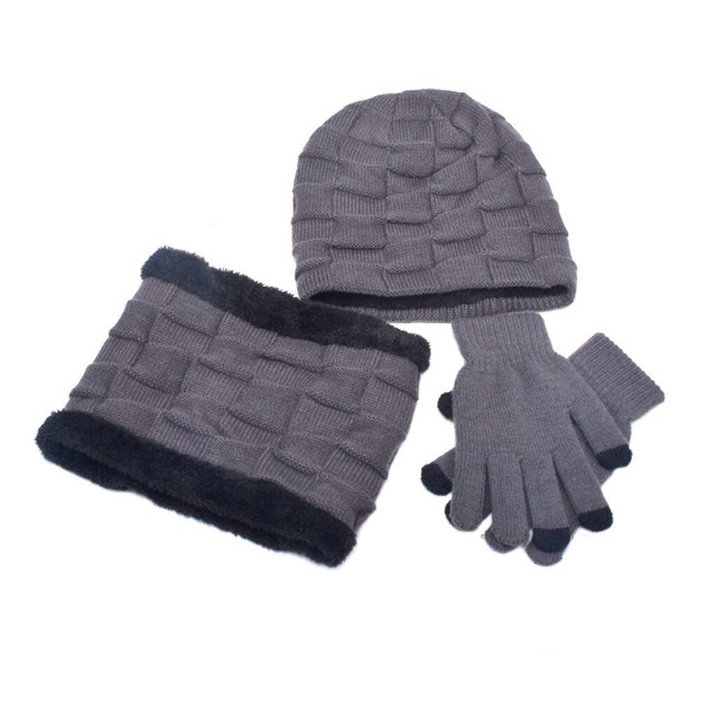Mænd kvinder vinter 3 stykke sæt strik beanie hat tørklæde touchscreen handsker varm dragt: D