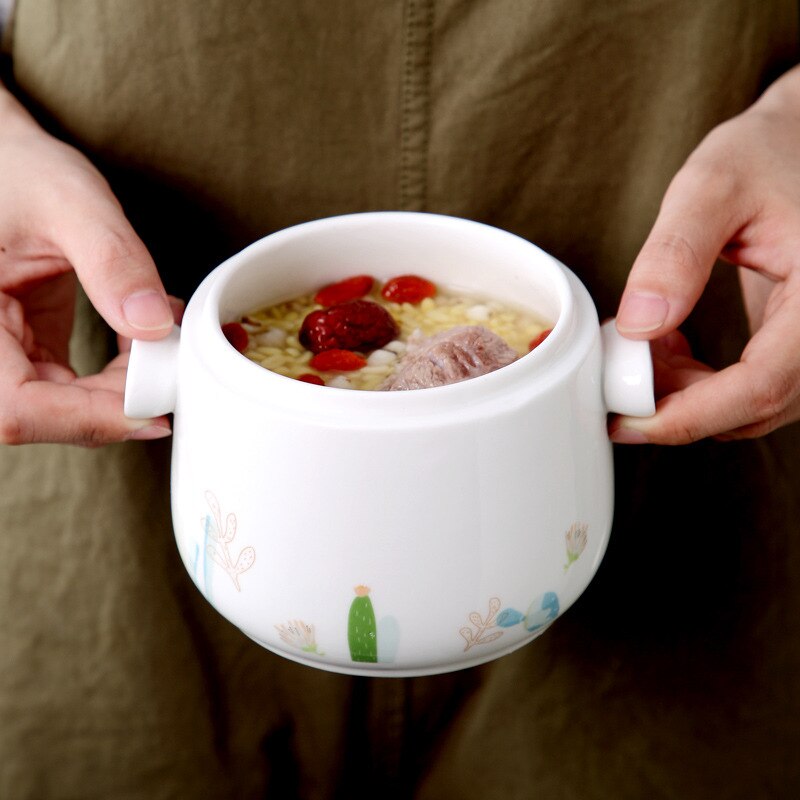 Cuenco de cerámica con asa para sopa, Bol para cocinar a vapor con doble tapa y taza humeante, para carne, carne, huevo, olla de cocción lenta, tamaño grande