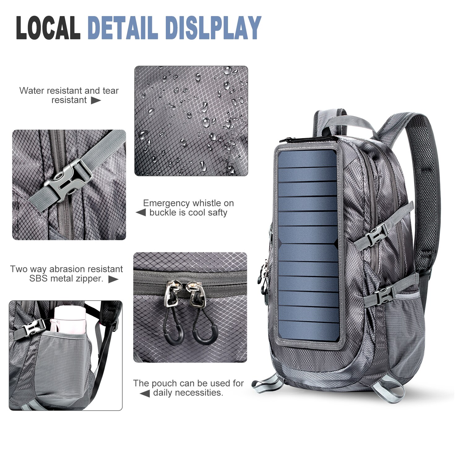 Mochila Solar plegable para senderismo, paquete de día con fuente de alimentación de 5V, carga de Panel Solar de 6,5 W para teléfonos móviles