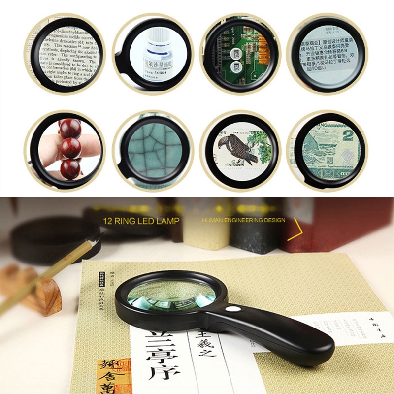 Lighted Magnifying Glass-10X Hand held Large Reading Magnifying Glasses with 12 LED Illuminated Light for Seniors, Repair, 55KD