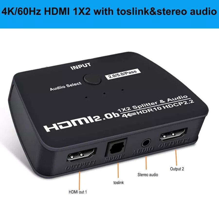 4K Hdmi Splitter Hdr 4K @ 60Hz Uhd Hdmi 1X2 Splitter Met Audio Digitale Extractor Dual Hdmi 2.0 1 In 2 Out Splitter 1080P 4K @ 30Hz: 4K 60Hz with toslink