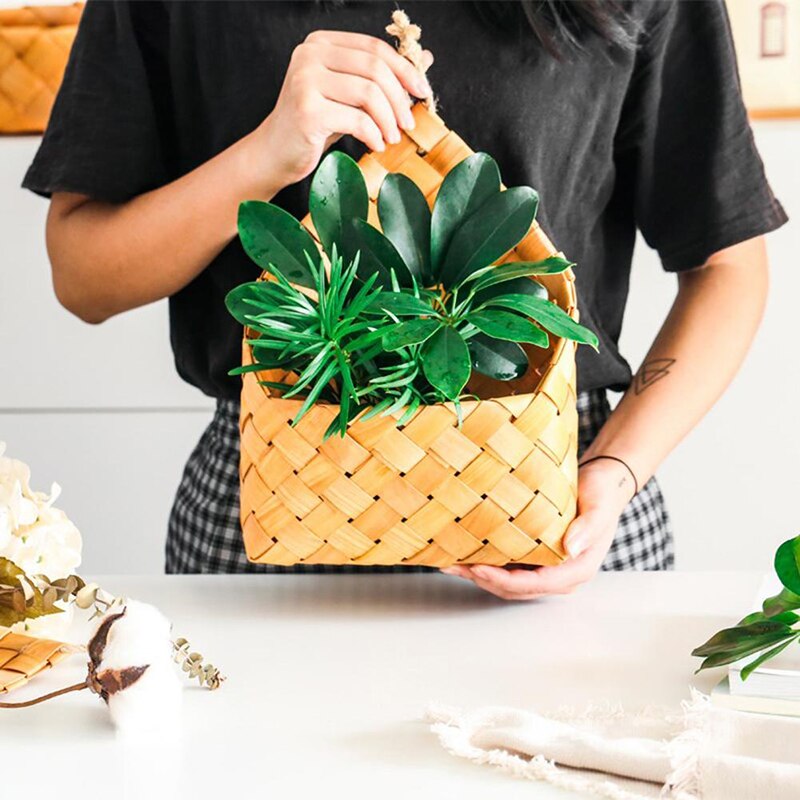 Væg blomsterplantemaskine hængende håndvævet flet kurv træ opbevaring rattan kurv bærbar væghængende blomsterkurv arrangør