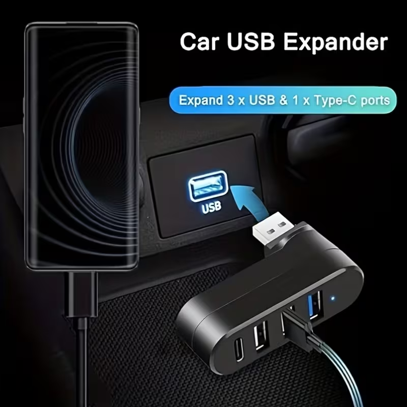 4-poorts USB 3.0-hub [90 ° , 180 ° Draaibare USB-splitter, 3 USB-poorten en 1 USB-C voedings-/gegevenspoort, USB-verlenger voor laptops, auto's