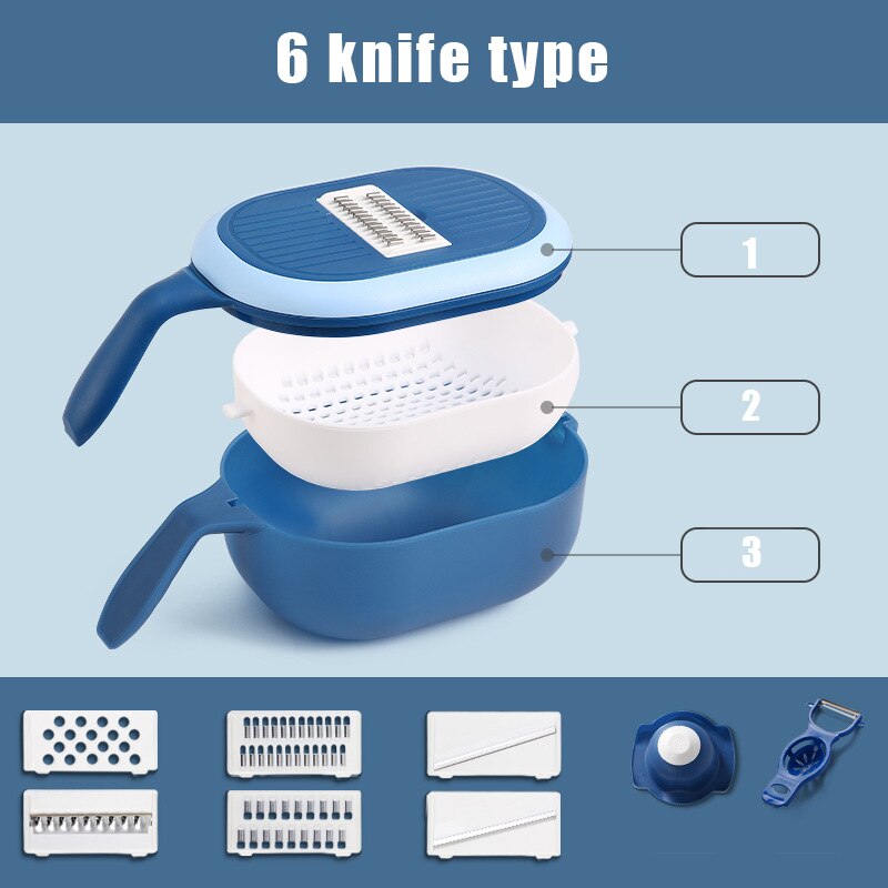 11 In 1 Multifunctionele Groentesnijder Slicer Potato Slicer Chip Radijs Rasp Dunschiller Keuken Gadgets Gereedschap: 6 knife type blue