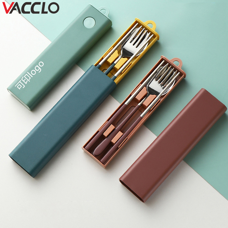 Vacclo 304 Stainless Steel Tableware Spoon Fork Chopsticks Portable Student Travel Eating Utensils With Pull-out Storage Box