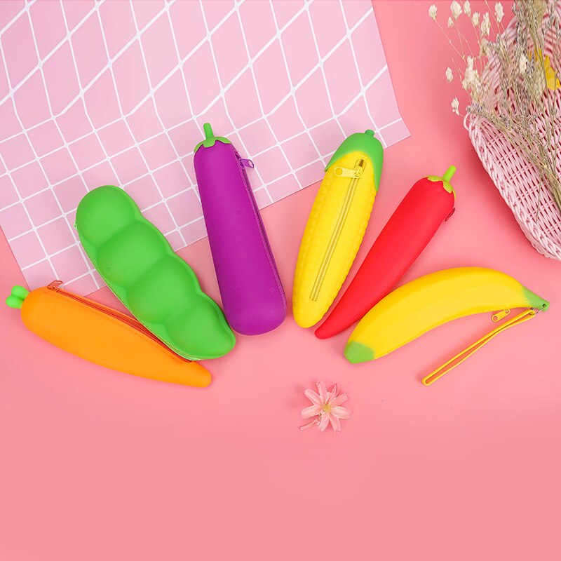 Eggplant Bean Pod Shaped Pen Case Silicone Pencil Bag Students Pencil Bag Primary Secondary School Stationery Kawaii Pencil Case: Random
