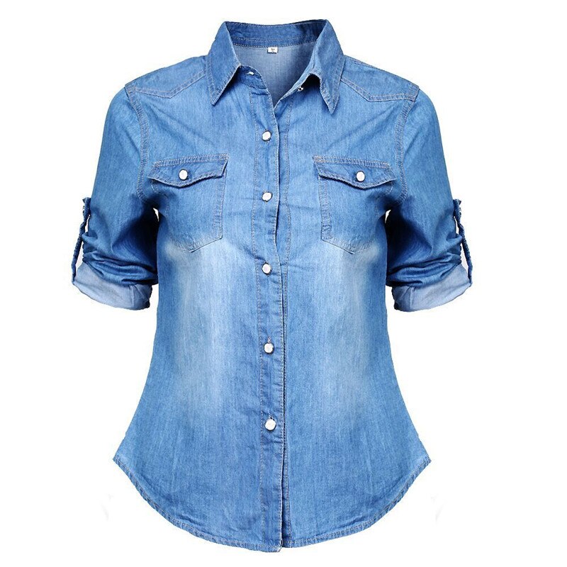 retro Frauen Damen lässig Blau Jean Denim Hemd Bluse Lange Hülse Drehen-unten kragen Spitzen Bluse: dunkel Blau / M
