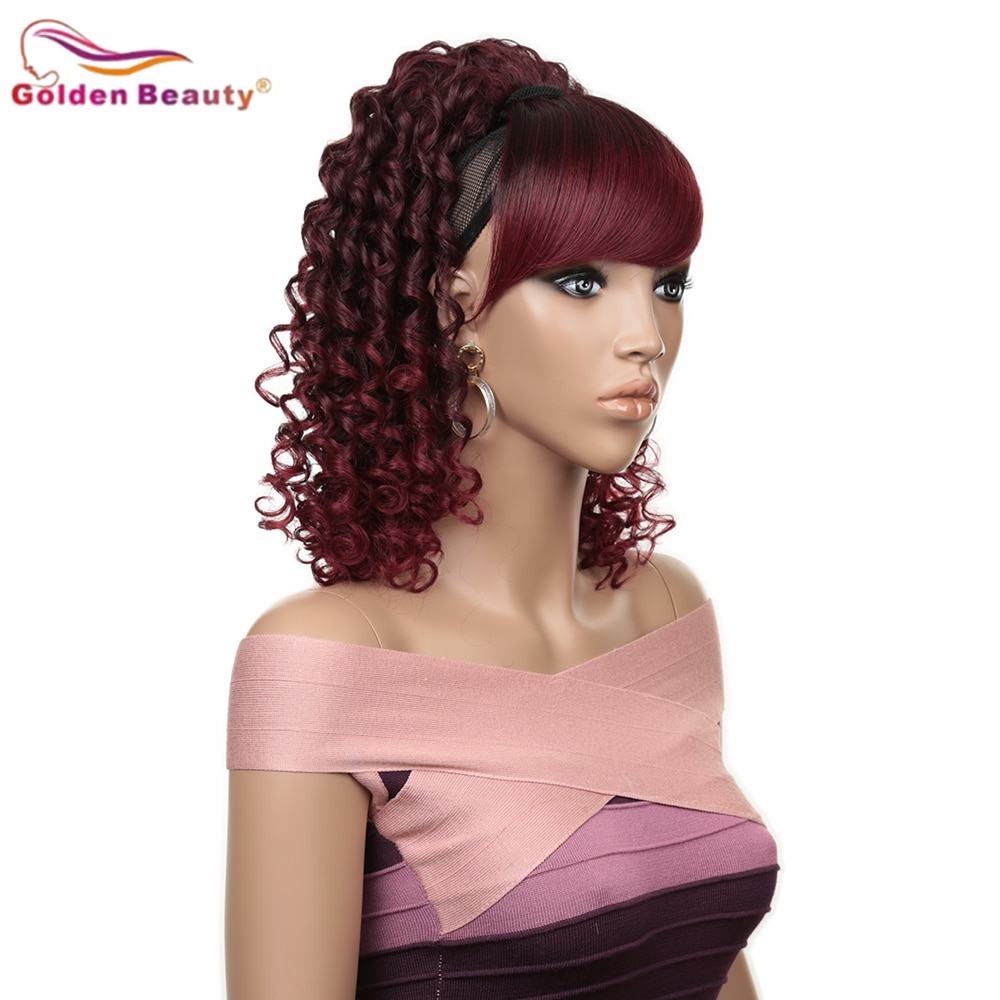12Inch Kinky Curly Synthetic Ponytail Extention Wig inclined Bangs Built-in BB clip Bang and Wig For Women Golden Beauty