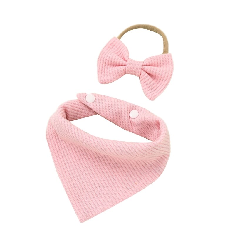 Bavoirs avec nœud papillon pour bébé, 2 pièces, bandeau gaufré, serviette de salive, bandeau triangulaire pour cheveux, Clo G99C: Pink