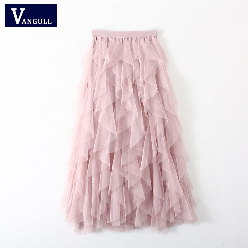 Vangull tutu tyl nederdel kvinder lang maxi mesh nederdel forår sommer koreansk sort pink høj talje plisseret nederdel kvinde