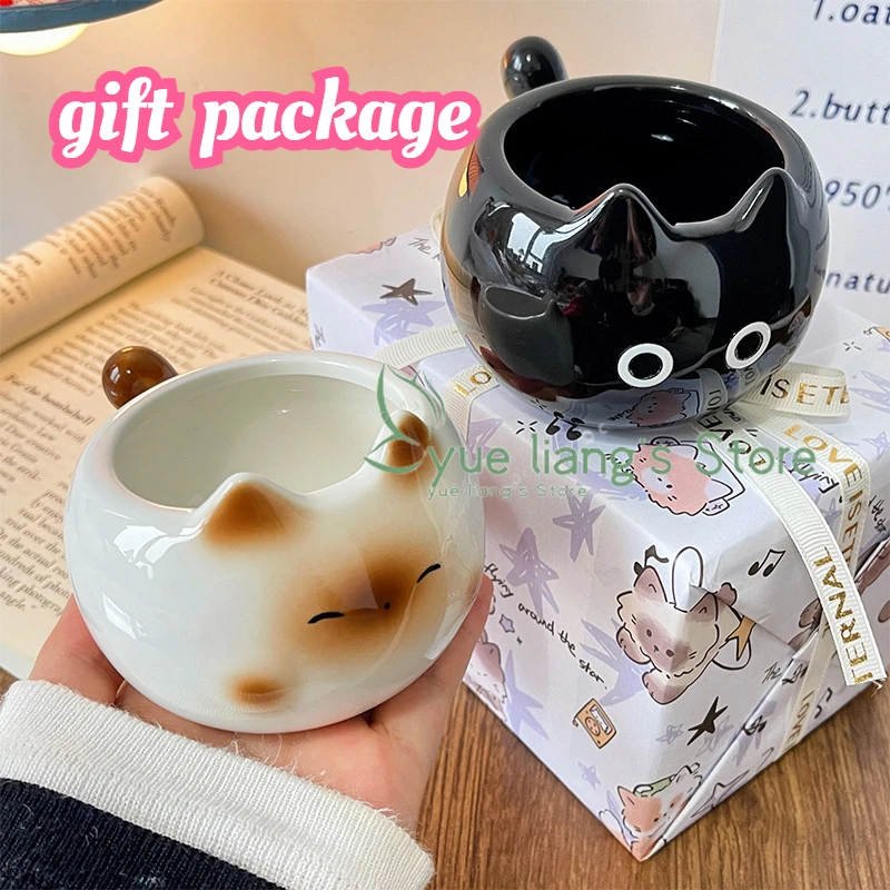 Taza de gato siamés, taza de cerámica de dibujos animados con tapa, cuchara, taza de agua, taza para pareja, divertido para cumpleaños de amigos