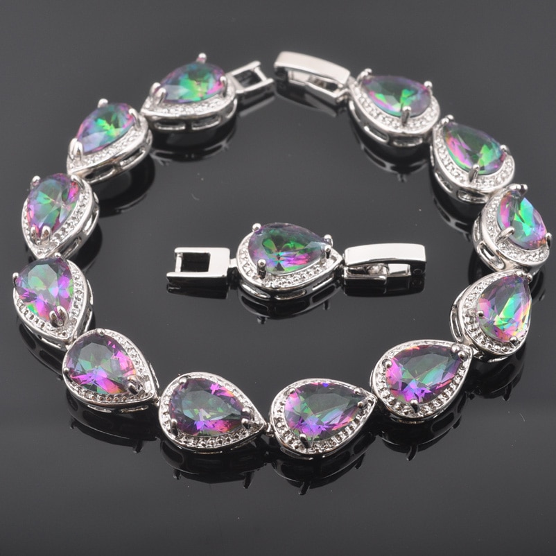 Water Dtrop – ensemble de bijoux pour femmes, couleur argent, zircone arc-en-ciel, Bracelet, pendentif, boucle d'oreille, de mariée, QS0572