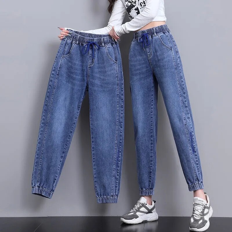 Ankle Length Harem Jeans Women Casual Elastic High Waist Denim Pants Streetwear Drawstring jogger Pants female: blue / XXL(60kg-67kg)