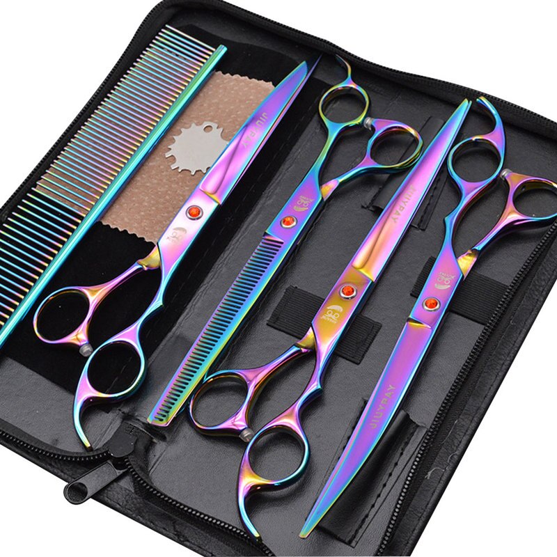 8 pièces chien ensemble de ciseaux toilettage chiens peigne cisaillement coupe-cheveux droite amincissement courbe ciseaux produits pour animaux de compagnie