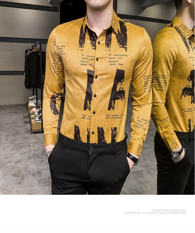 Merke herre uformelt trykt outwear herre slim kora style lettstelt skjorte pluss størrelse m -4xl: Gul / M