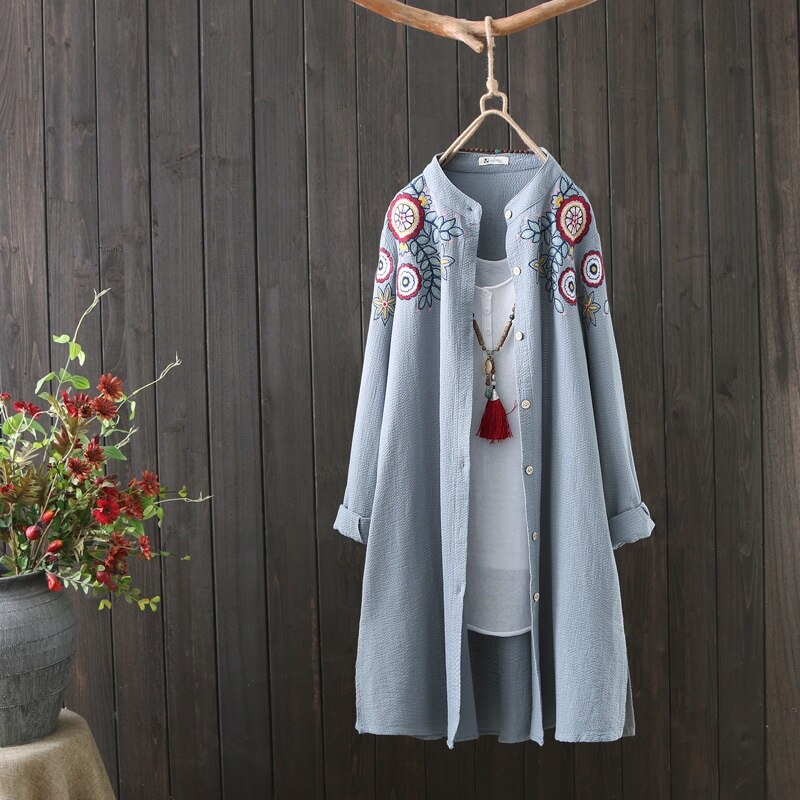 Camisas de estilo chino para mujer, Tops y blusa de talla grande , blusa bordada de manga larga Vintage para mujer, Top abotonada informal de oficina 11128: 3