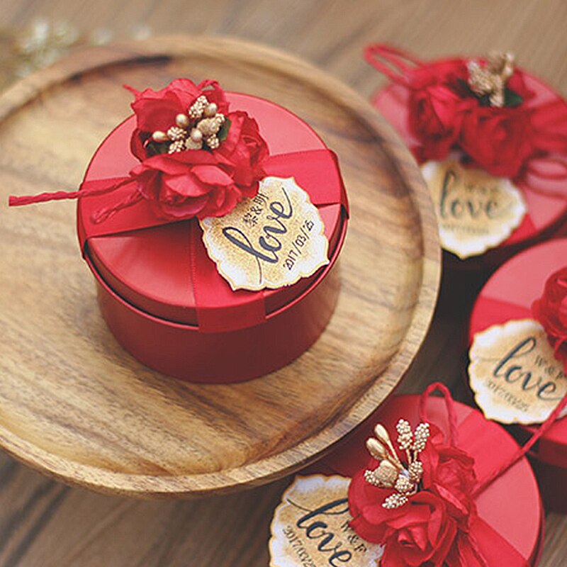 Golden Red Empty Tin Box Metal Tin Jars Wedding Candy Storage Boxes With Ribbon Flower Wedding Party Supplies