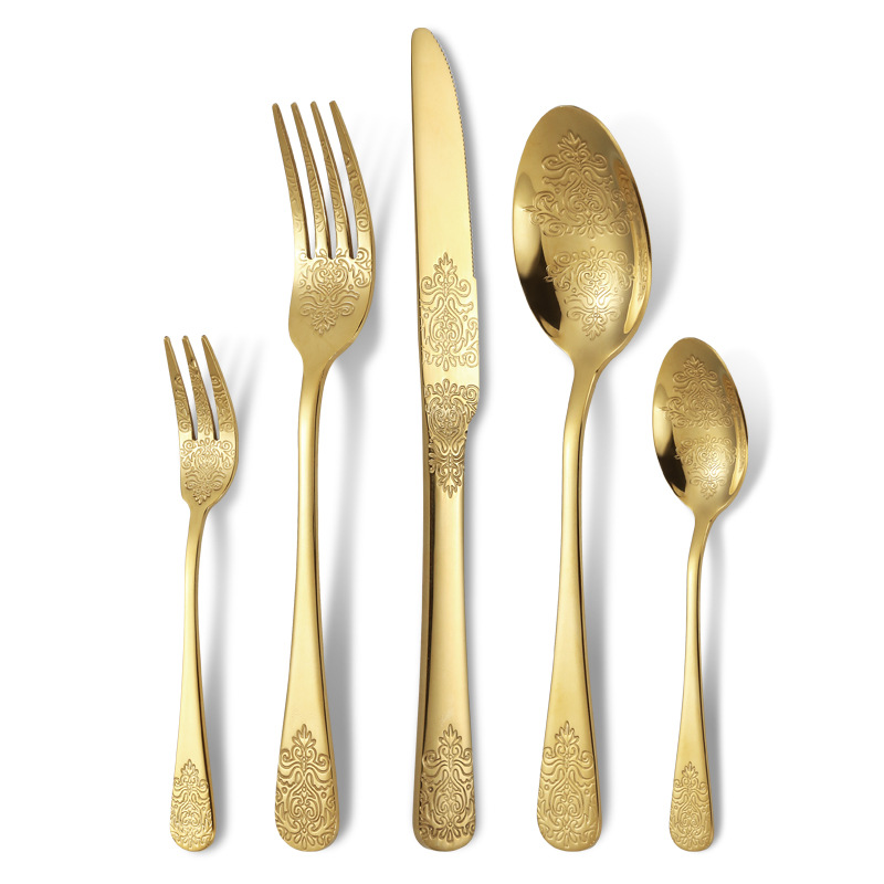 5-teiliges Messer aus Edelstahl, Gabel, Löffel-Set mit gemustertem Totem-Geschirr, Steakmesser und Gabel im westlichen Stil: Gold