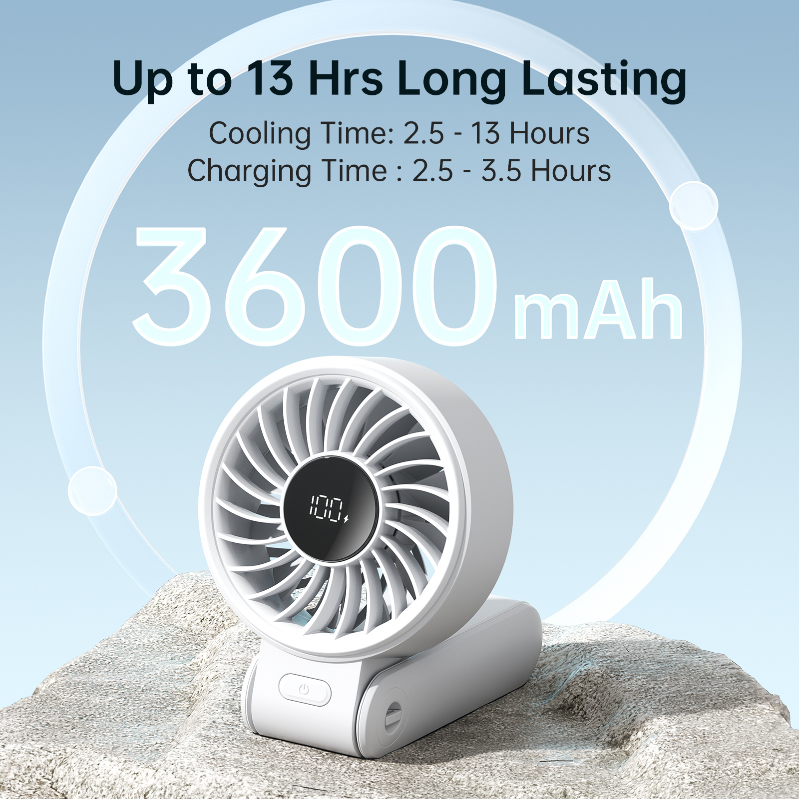 JISULIFE Ventilador portátil de mano con pantalla LED, 5 velocidades, 5000 mAh, 150 ° Ventilador personal multifunción plegado, 3 en 1 de mano/escritorio/cuello: YELLOW