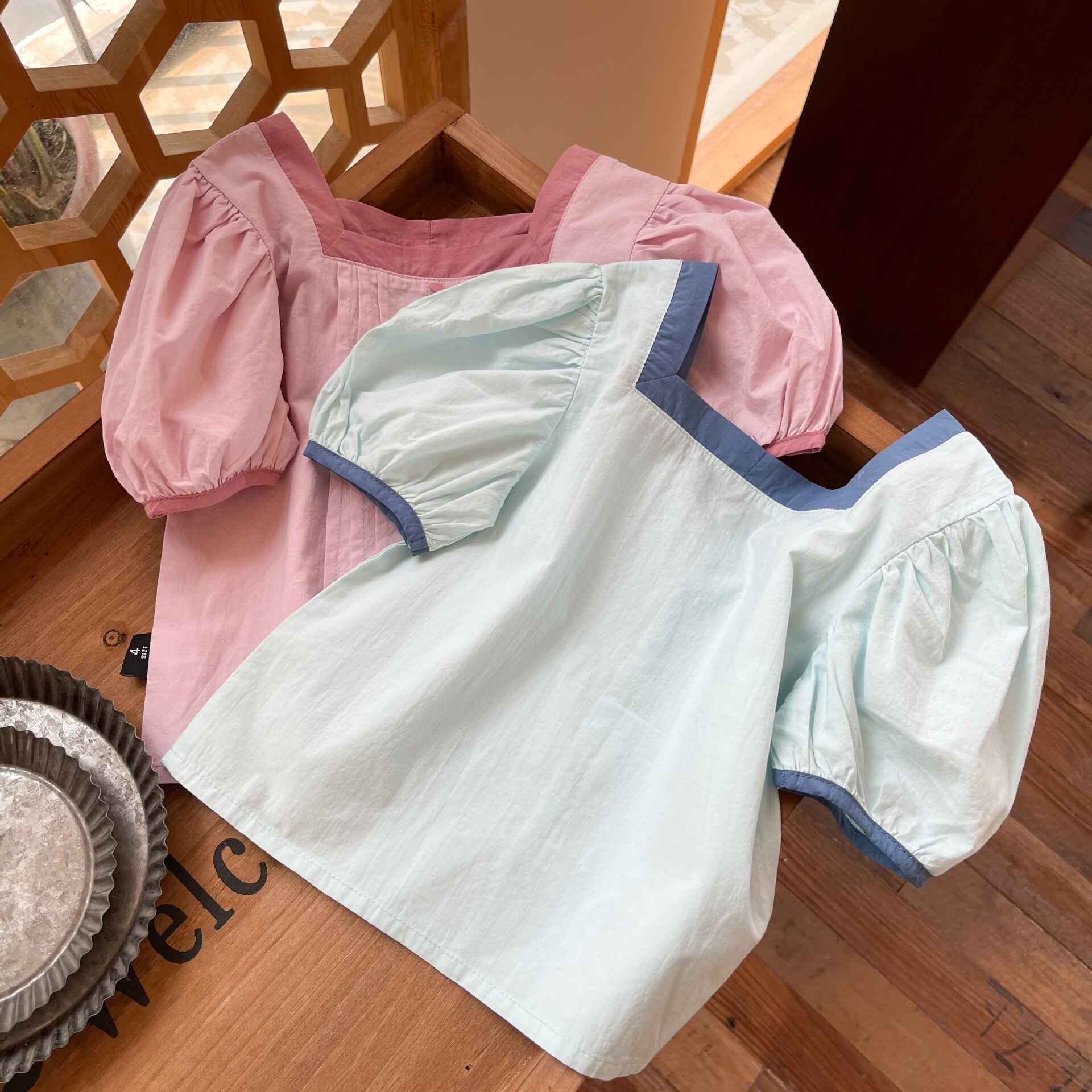 Zomer Koreaanse Stijl Baby Meisjes Katoenen Blouses Pure Kleur Bladerdeeg Mouw Tops Peuters Kids Vierkante Kraag Shirts