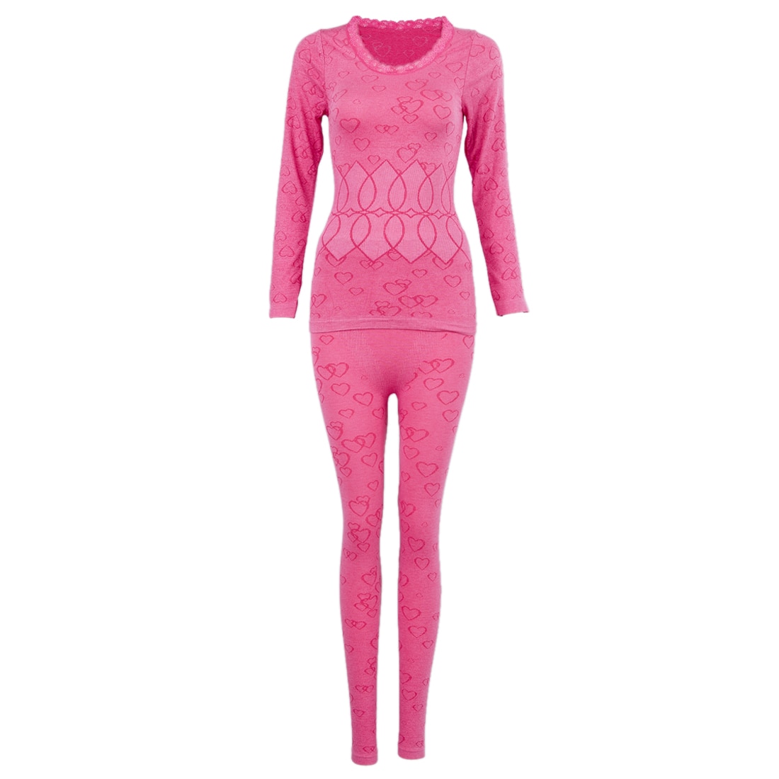 Women Round Neck Thermal Set Winter Tops&Pants Long Johns Pajama Sets Rose Red