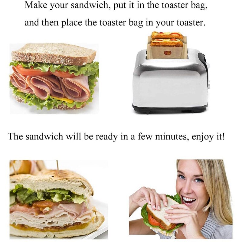 Toaster Bags Reusable for Grilled Cheese Sandwiches, Non Stick, Easy to Clean, Gluten Free, 6.3 x 7.1 Inch, Pack of 10