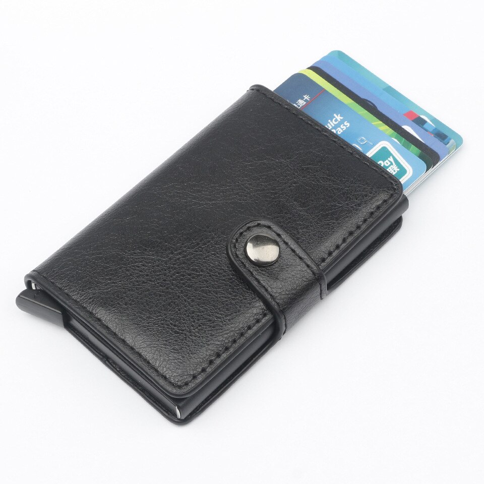 Hasp Men Credit Card Holder RFID Blocking PU Leather Automatic Business ID Card Holder Aluminum Metal Wallet Purse for Cards: black