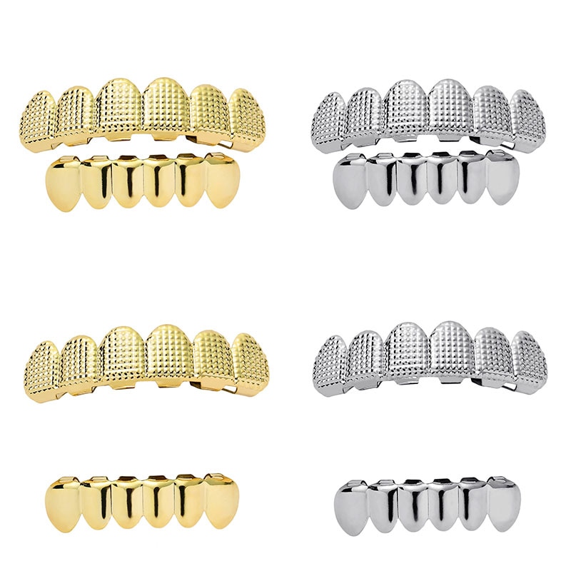 Hip Hop Mannen 6 Top & Bottom Tanden Goud Zilver Kleur Valse Tanden Grillz Set Bump Rooster Dental Grills voor Vrouwen Lichaam Sieraden