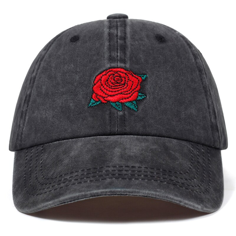 Vasket rose broderet baseballkasket 100%  bomulds hip hop hat mænds og kvinders far hatte justerbare udendørs kasketter: Mørkegrå