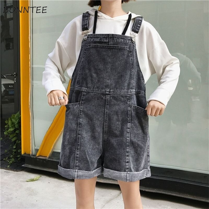 Playsuits Women Denim Solid Pockets Korean Style Loose Chic High Waist Female Rompers Ulzzang All-match Overalls Popular Cute