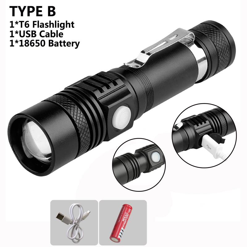Powerful 6000ml T6 Flashlight Aluminum Waterproof Zoomable Mini Flashlight 18650 Rechargeable For Camping charging lamp: TYPE B