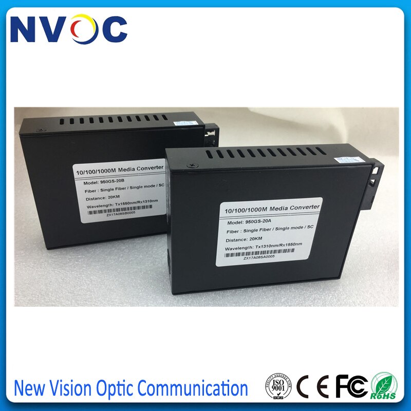 Gigabit Ethernet Media Converter,1.25Gb/s, Bi-Directional Single-Mode SC fiber,20KM,1000Base-LX to 10/100/1000Base-T