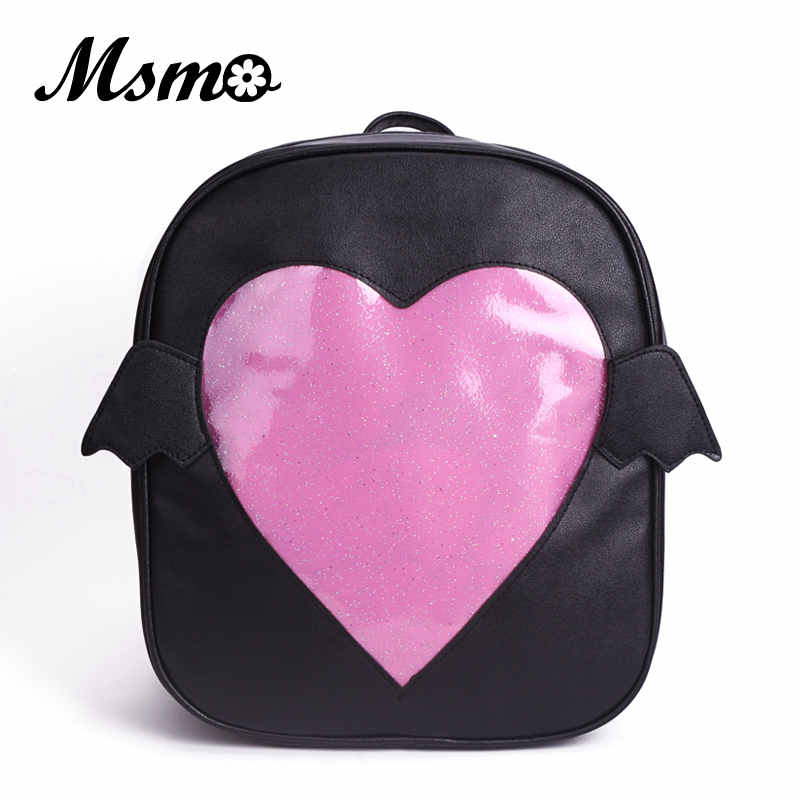 MSMO 'Ita-bag' Glitter Klar Klappe Flügel Rucksack Japan Harajuku Mädchen Kawaii Bling Transparent Liebe Schule Tasche: black pink