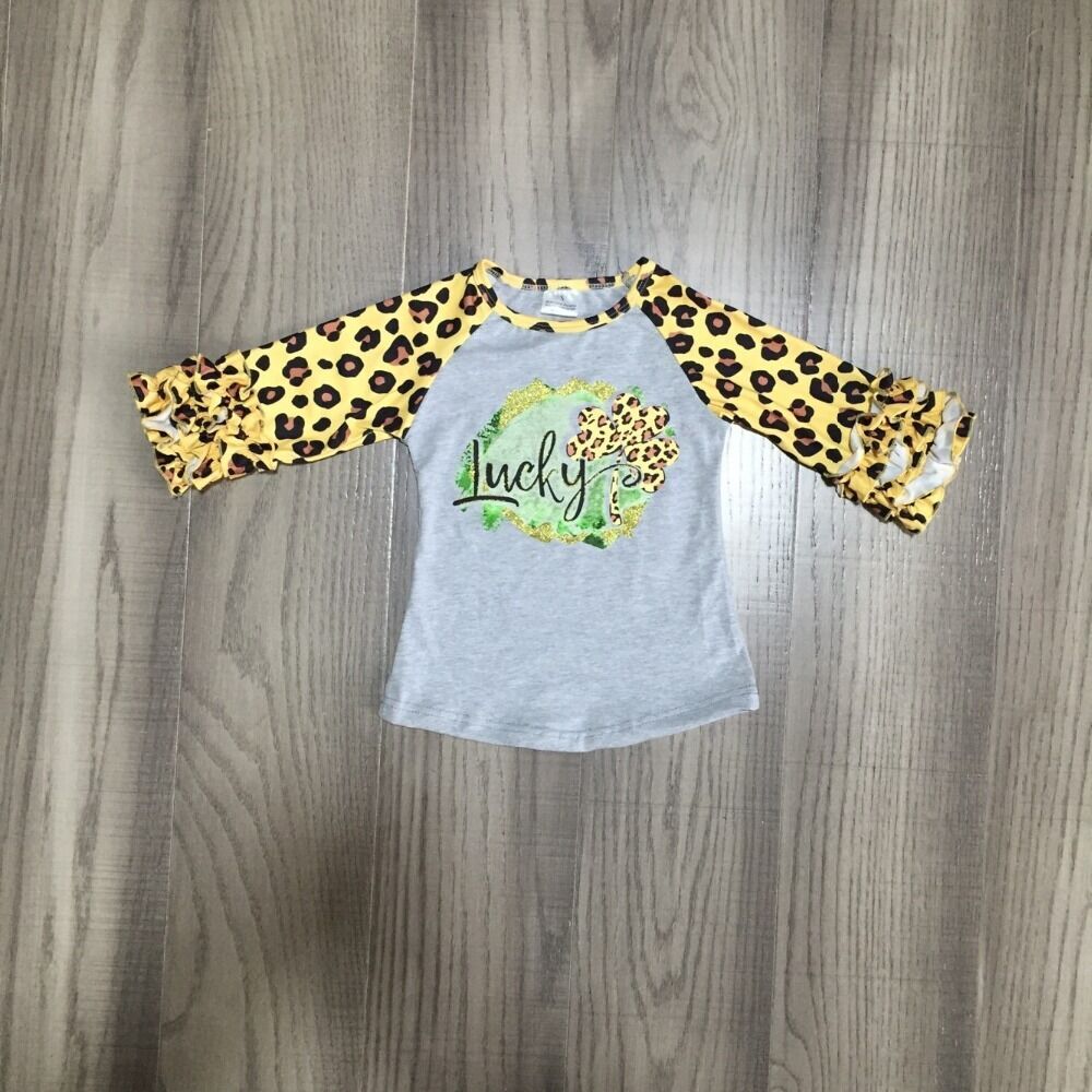 Baby meisje kleding meisjes St Patrick''s day' shirt met Clover print meisjes geluk raglans met luipaard print mouw