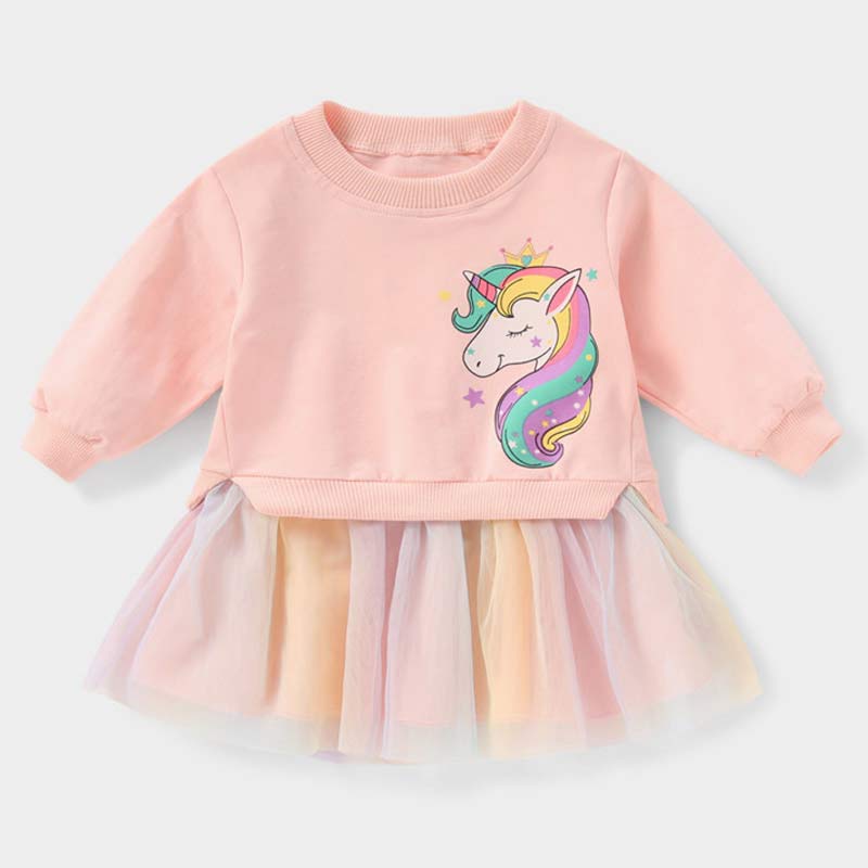 Menoea Meisje Lente Cartoon Jurk 2022 Herfst Stijl Leuke Vestido Volledige Mouw Eenhoorn Patchwork Kids Mesh Jurken Prinses Kleding: AZ2377Pink / 3T