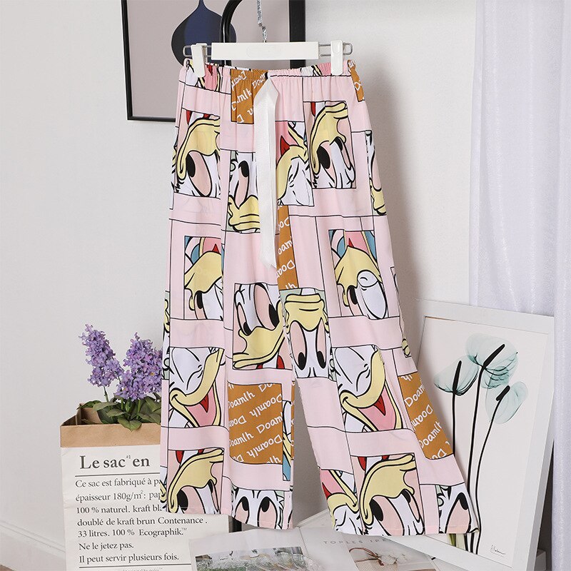 summer large size cotton home pants Korean girls' sweet loose wide leg pajamas: Ivory