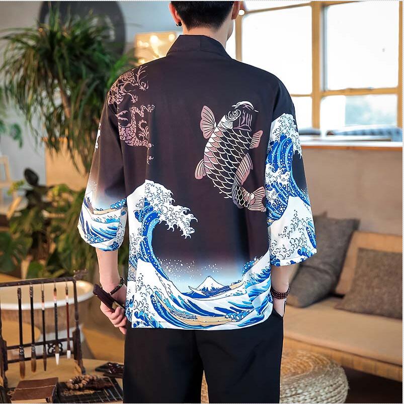 Japanese kimono cardigan men haori yukata male samurai costume clothing kimono jacket mens kimono shirt yukata haori FF001: black / L
