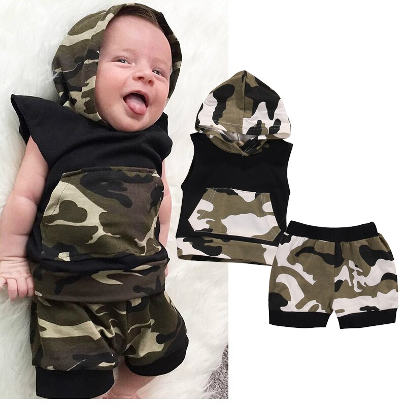 Toddler børn baby drenge sommer camouflage ærmeløs hættetrøje t-shirt + shorts sæt 0-24m