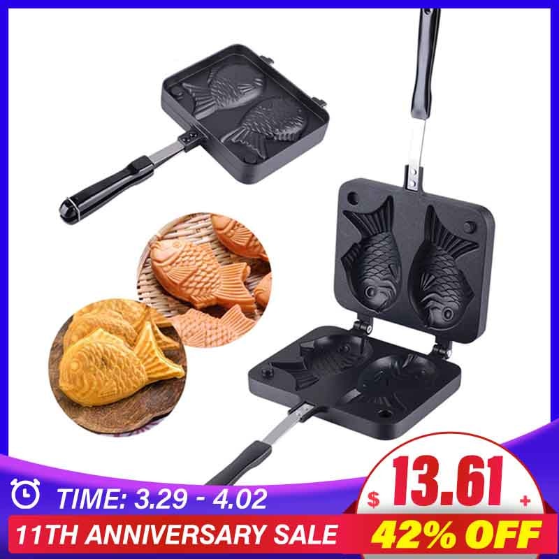 Sartén para gofres en forma de pez Taiyaki, 2 moldes, antiadherente, para hornear pasteles, utensilios de cocina para el hogar, DIY, plato para postre