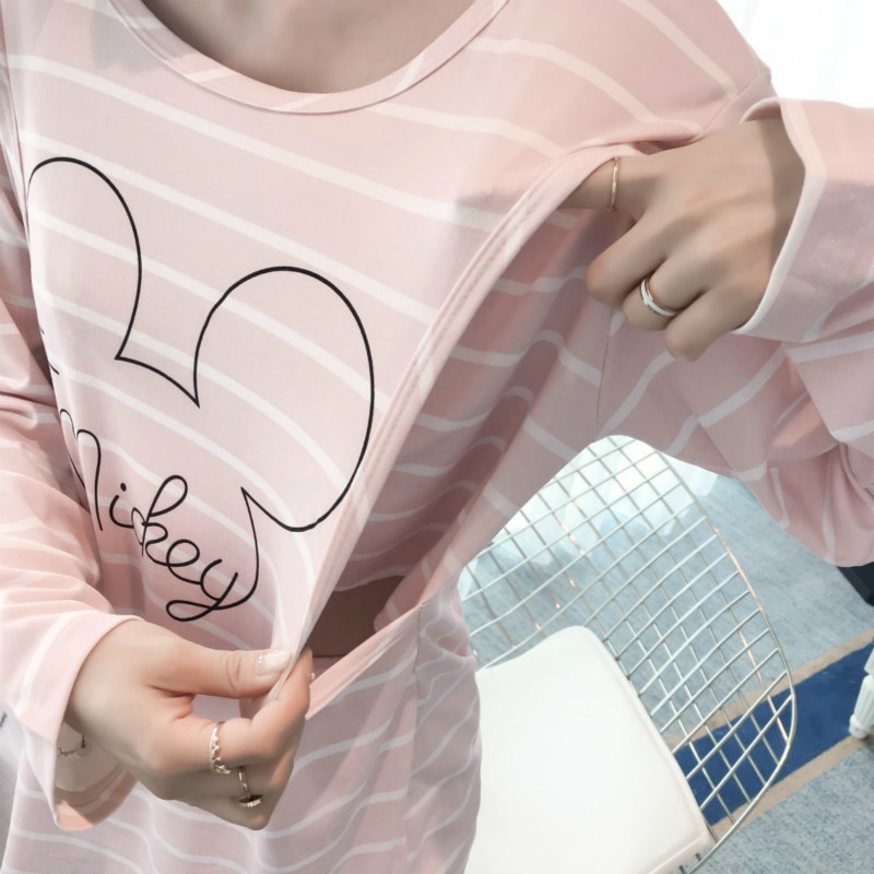 Barselsnatkjole pink stribet barsels- og ammesæt koreansk langærmet graviditet pyjamas gravid tøjsæt til kvinder