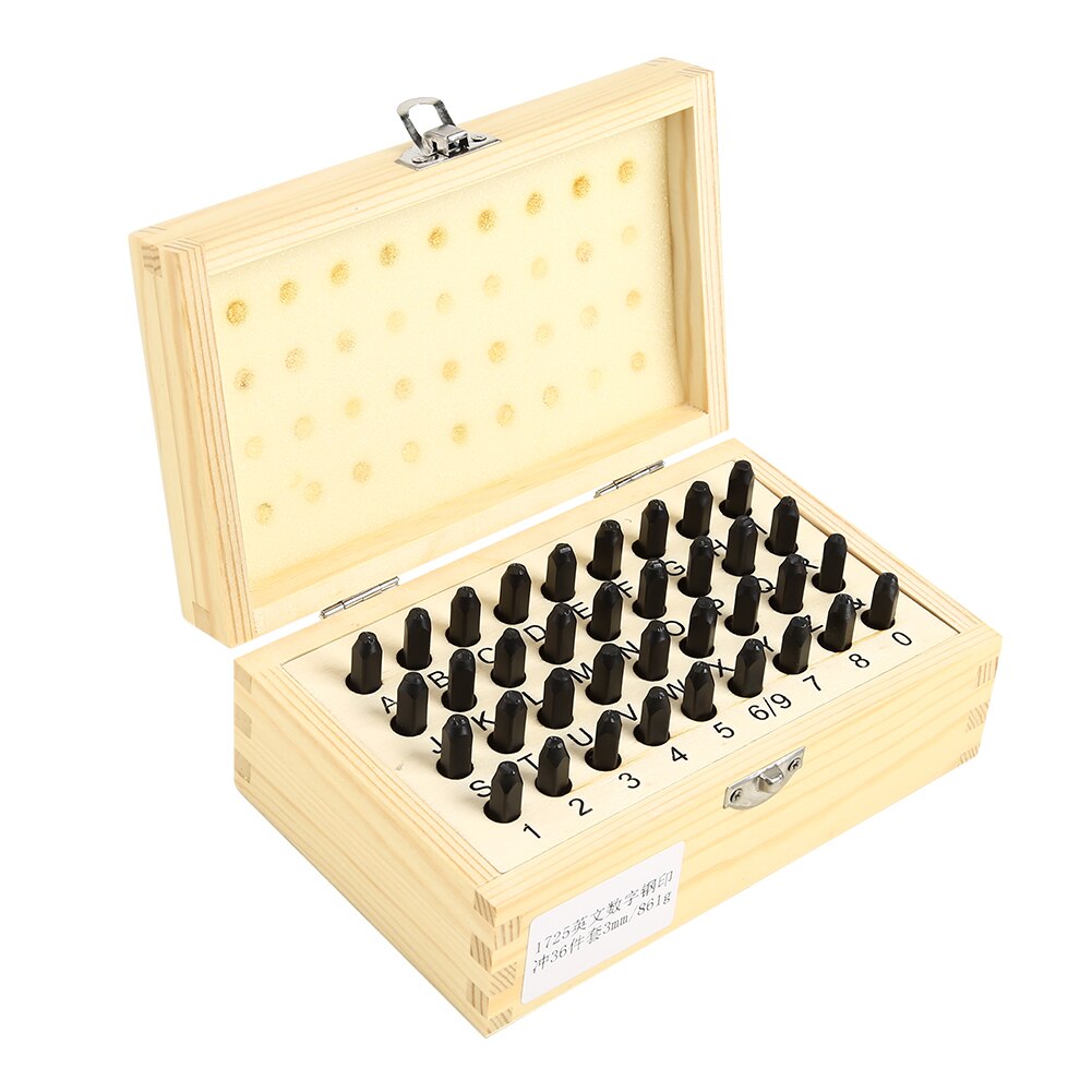 Juego de 36 Uds de punzón de acero para números y letras, Kit de herramientas para estampar cuero grabado, molde de impresión para estampado de cuero con caja de madera: 3mm