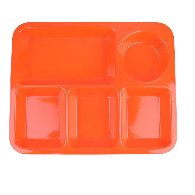 Plateau à dîner divisé en plastique 5 Sections, grille assiette à déjeuner, conteneur pour la vaisselle de la cantine scolaire: Orange