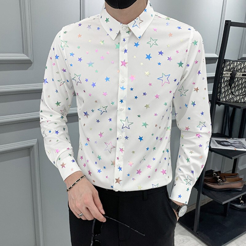 Camisa de manga larga con estampado de estrellas para Hombre, ropa ajustada para y Club, color blanco, 4xl