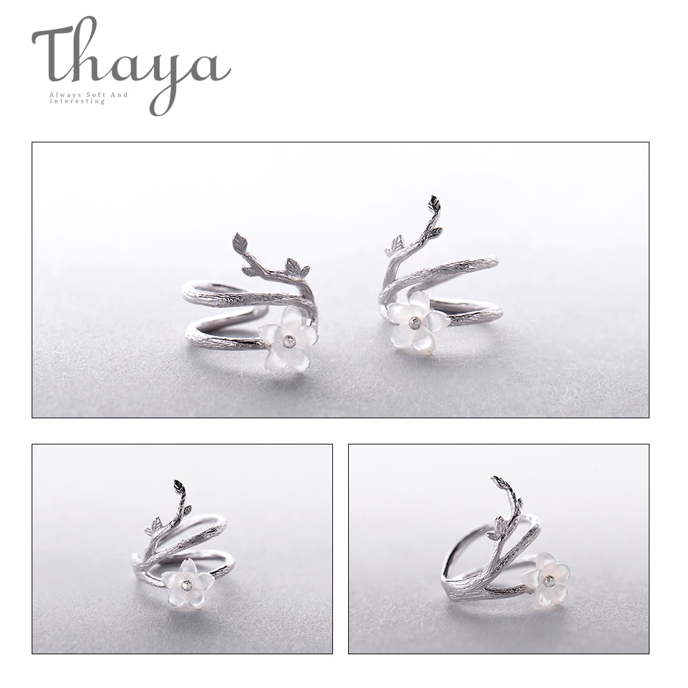 Thaya White Cherry Blossom 925 Silver clip earrings flower round cuff earrings without piercing for women fine jewelry