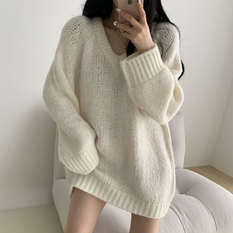 Pull mi-long en tricot pour femme, style paresseux, col en v, étudiant Y2K, version coréenne, fin et polyvalent, top