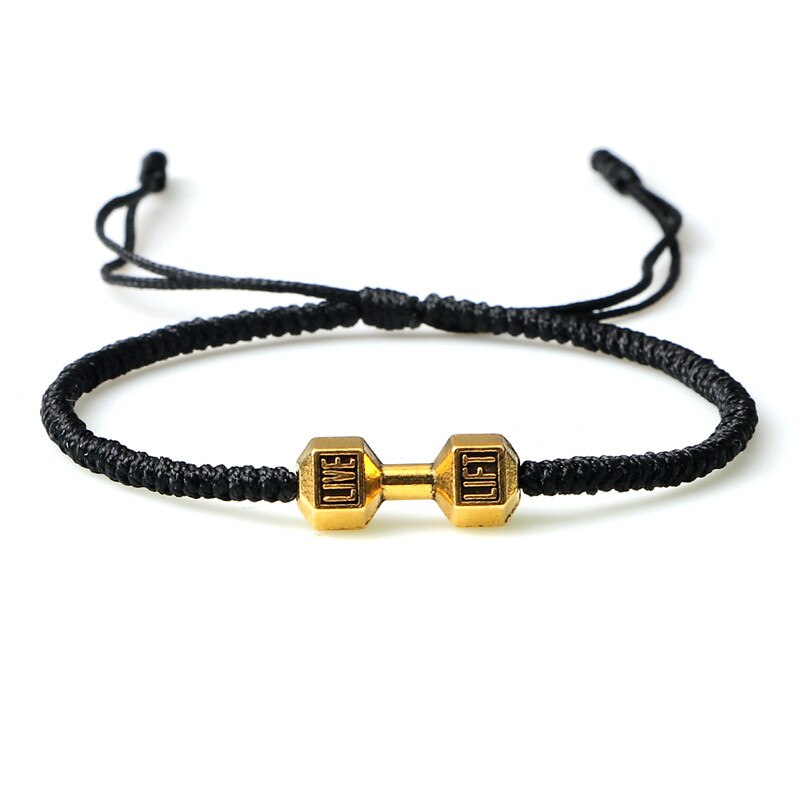 Charme Tibetischen Buddhistischen Woven Hanteln Armbänder &amp; Armreifen Für Frauen Männer Glück Handgemachte Knoten Seil Armband Barbell Bead Schmuck: Black-gold