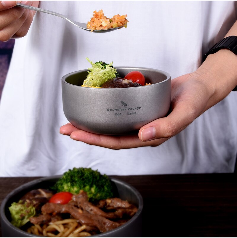 Boundless Voyage Camping Titanium Bowl 200ml/420ml Double-Walled Rice Bowl Lightweight Outdoor Hiking Picnic Tableware