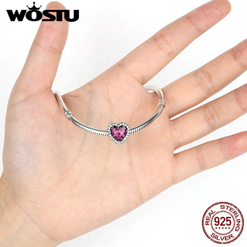 Genuine 925 Sterling Silver Radiante di Fascino di Colore Rosa Del Cuore Misura Branelli Originale Del Braccialetto Delle Donne Dei Monili di DIY Che Fanno